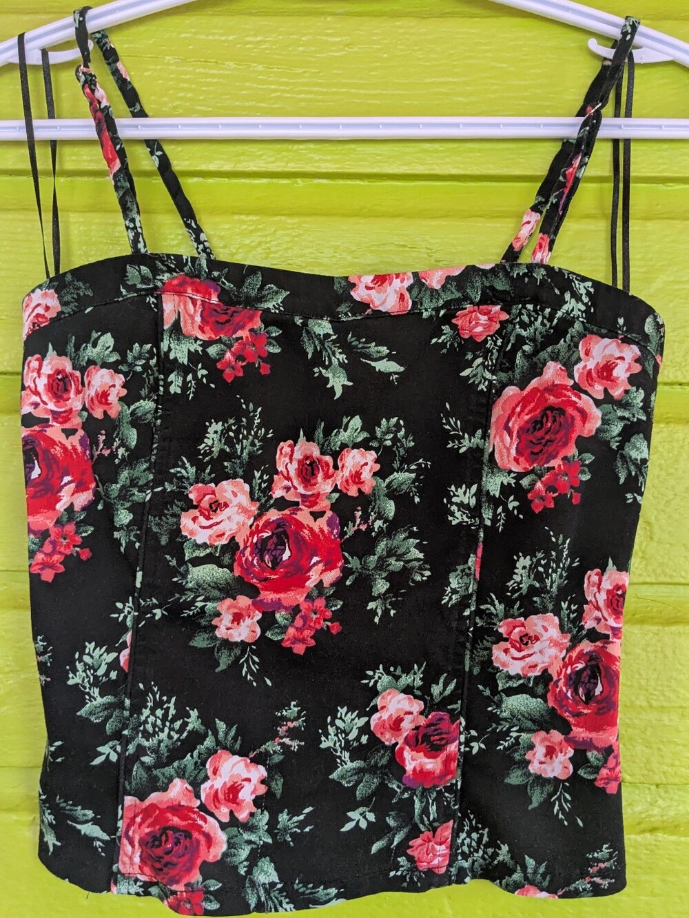 Bluenotes Black Floral Cotton Cami Tank Top with Pink and Red Roses